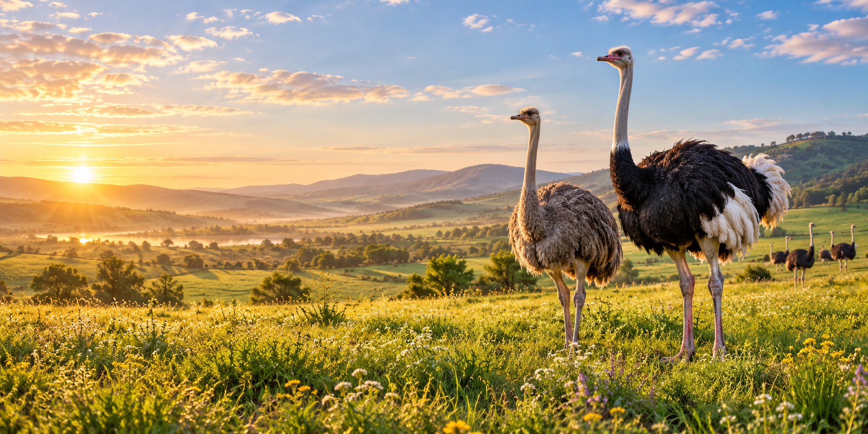Illustrative artwork of an ostrich pair in a wildflower meadow at sunrise